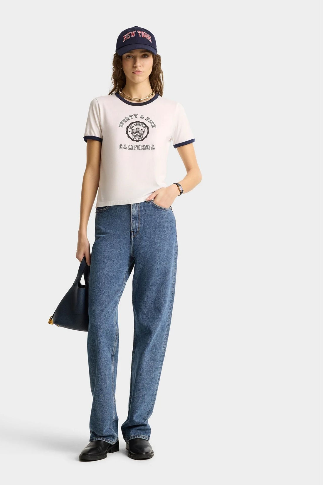 Sporty &amp; Rich California Emblem Soft Ringer Tee White Dark Navy