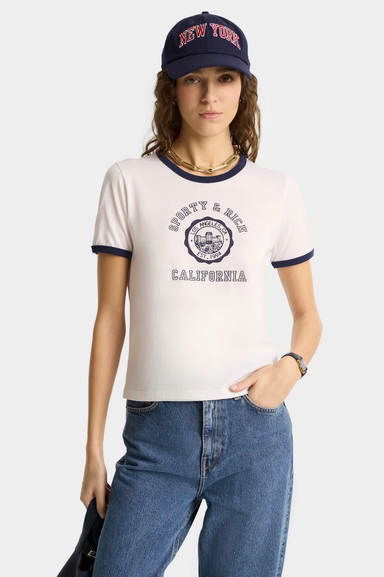 Sporty & Rich California Emblem Soft Ringer Tee White Dark Navy