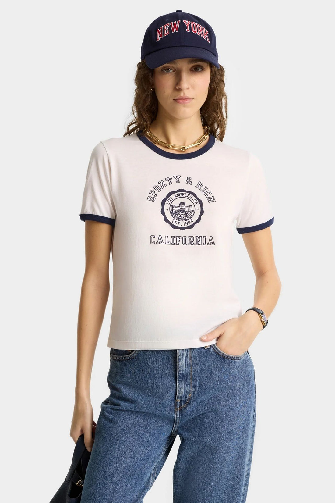 Sporty &amp; Rich California Emblem Soft Ringer Tee White Dark Navy