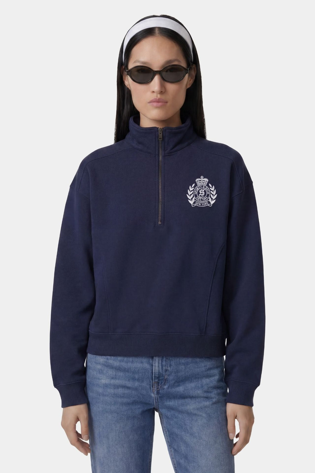 Sporty &amp; Rich NY Crest Embroidered Quarter Zip Dark Navy