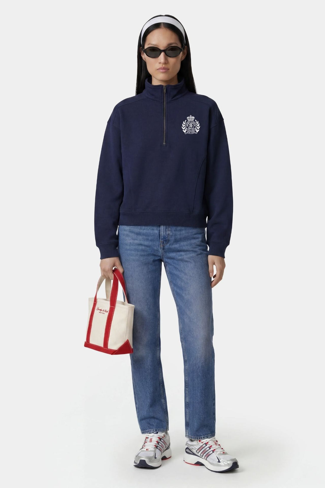 Sporty &amp; Rich NY Crest Embroidered Quarter Zip Dark Navy