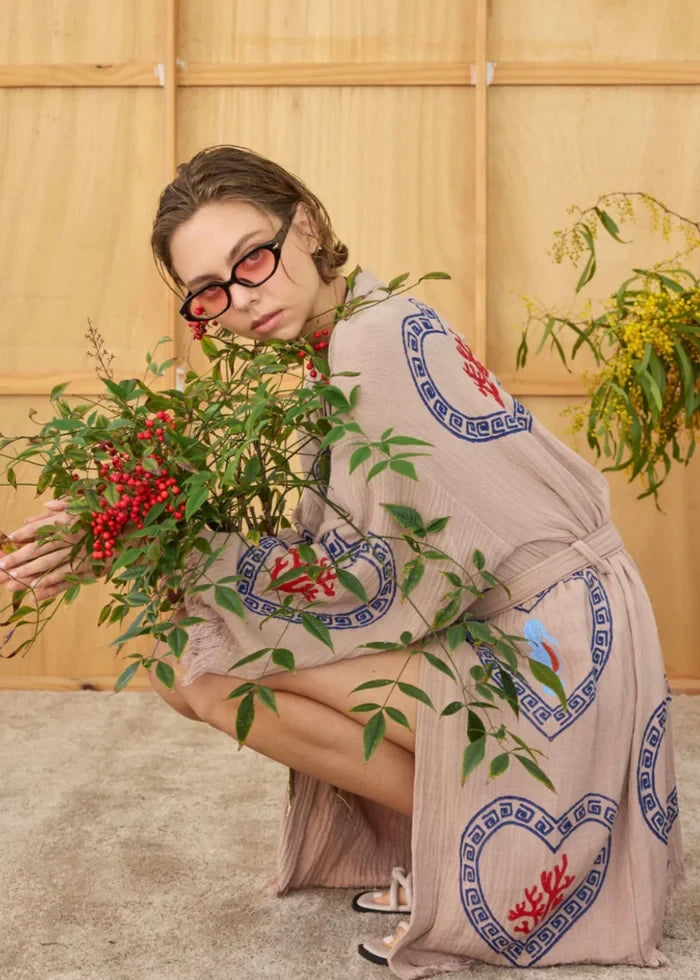 Tan Midi Robe Coral &amp; Seahorse