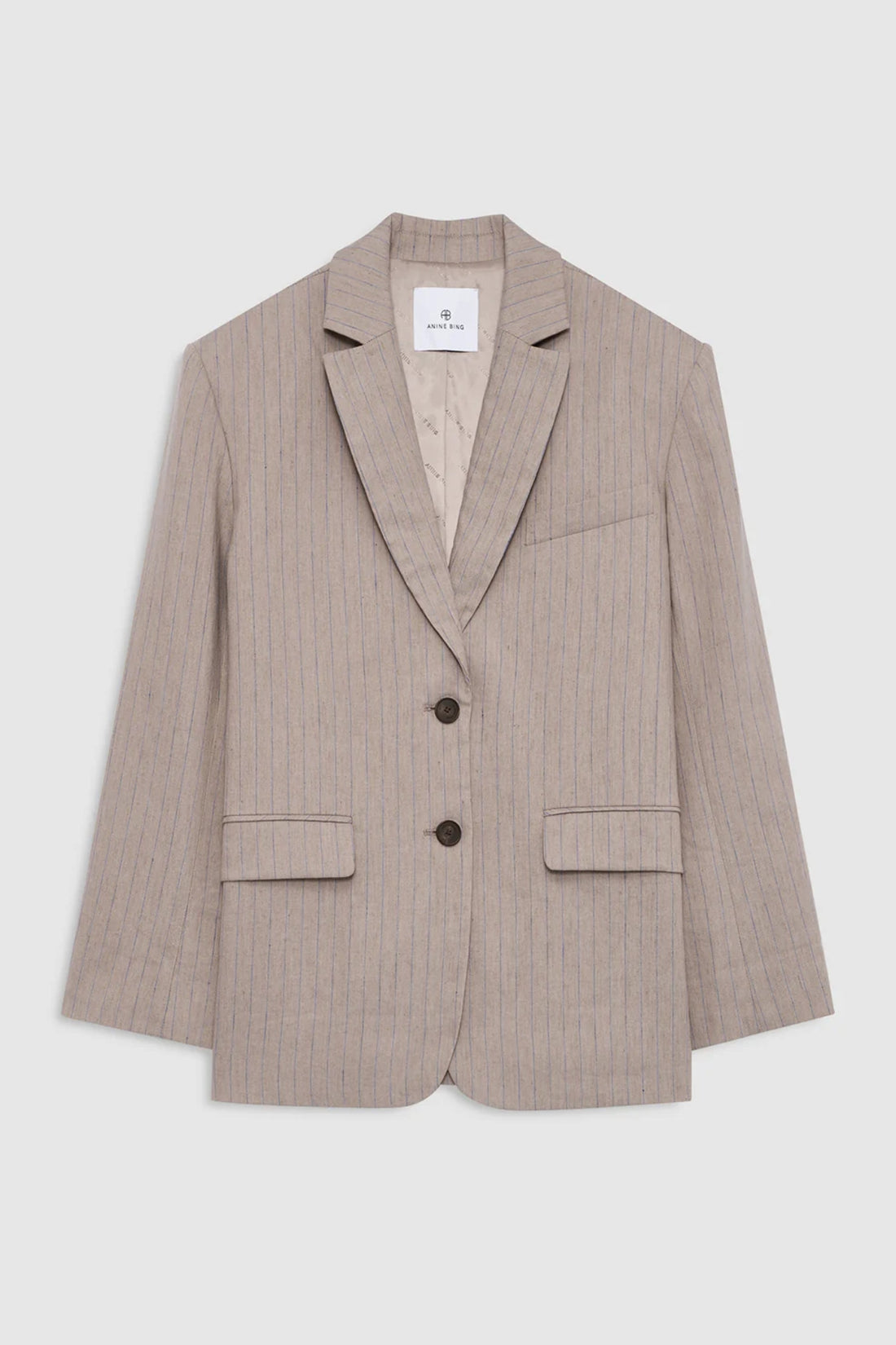 Anine Bing Quinn Blazer Taupe and Blue Pinstripe