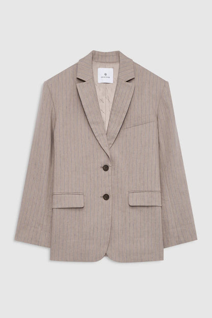 Anine Bing Quinn Blazer Taupe and Blue Pinstripe