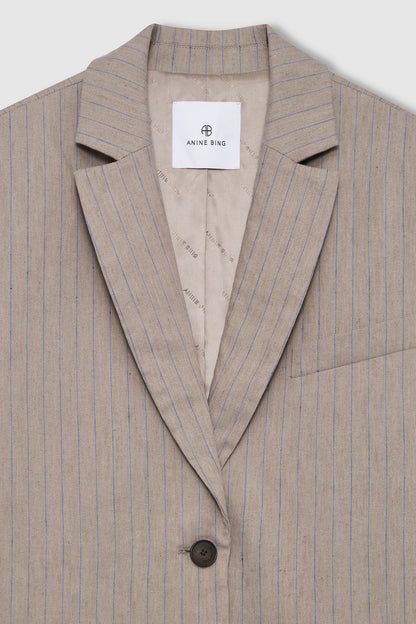 Anine Bing Quinn Blazer Taupe and Blue Pinstripe