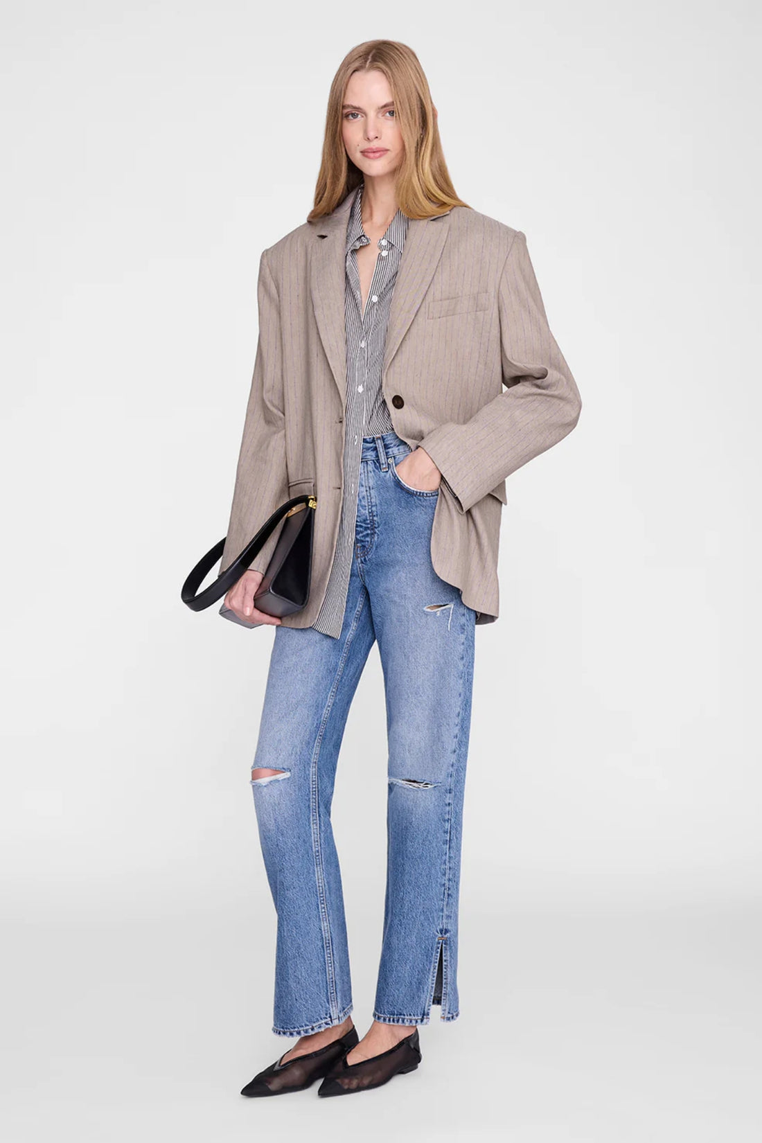 Anine Bing Quinn Blazer Taupe and Blue Pinstripe