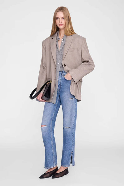 Anine Bing Quinn Blazer Taupe and Blue Pinstripe