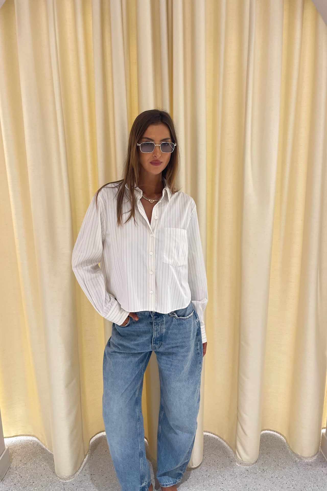 Anine Bing Essie Cropped Shirt Cream Pinstripe