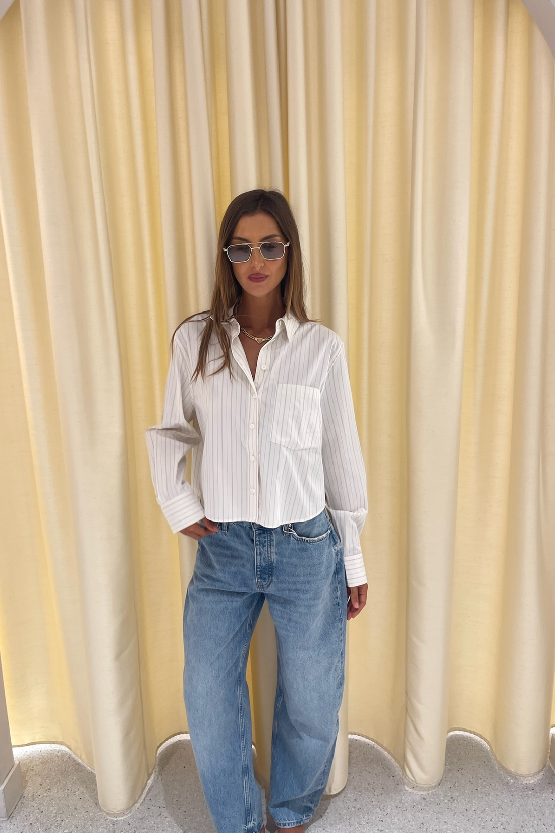Anine Bing Essie Cropped Shirt Cream Pinstripe