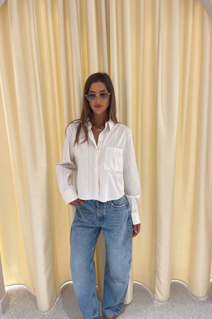 Anine Bing Essie Cropped Shirt Cream Pinstripe