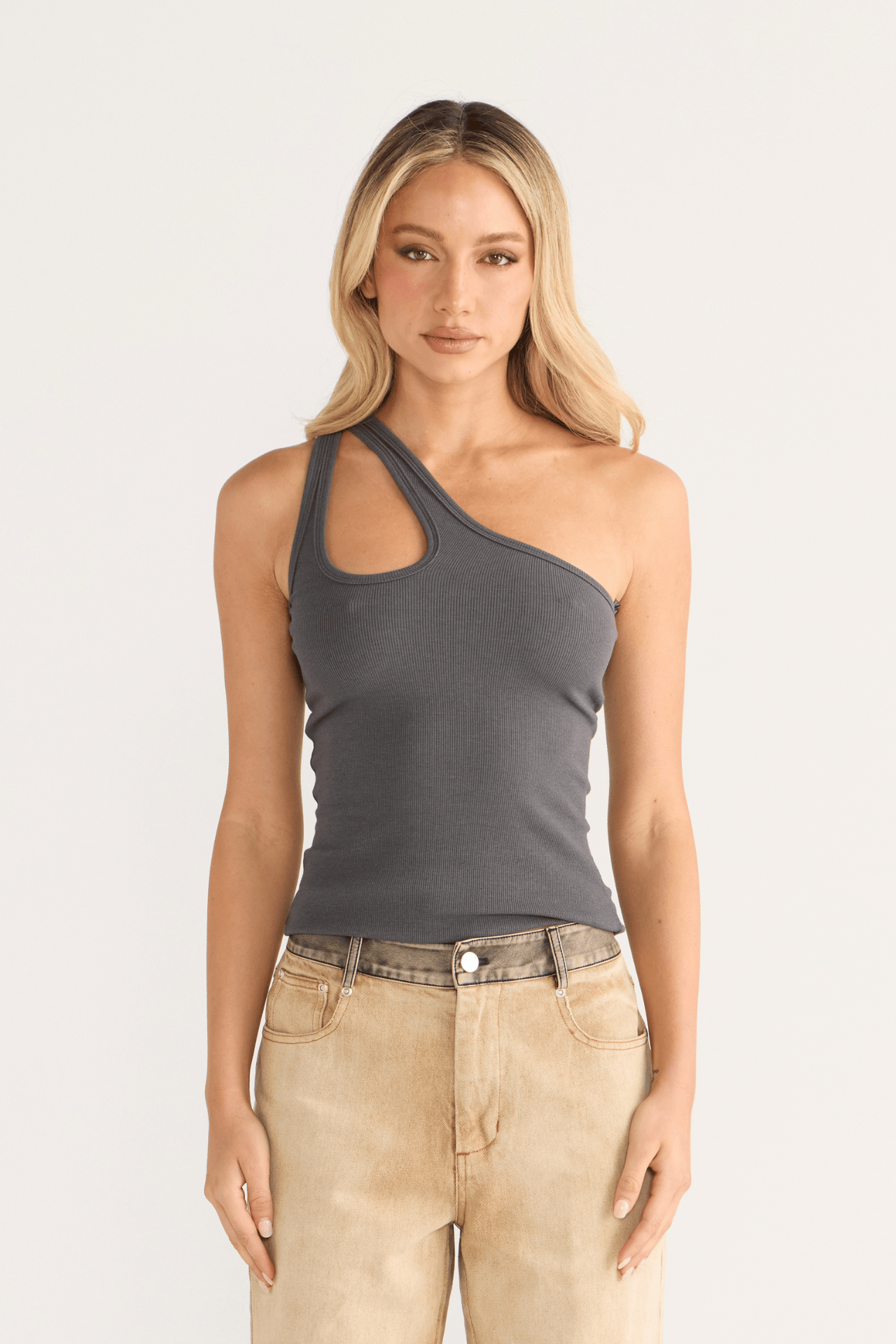 One Shoulder key hole Singlet Coal