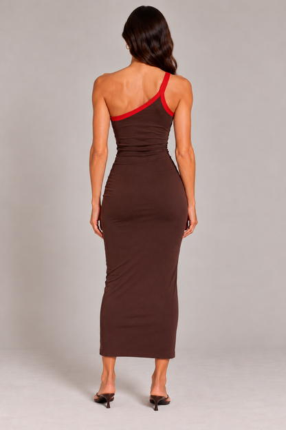 Chosen By Tuchuzy Gigi Single One Shoulder Maxi Dress in Coffee/Chilli