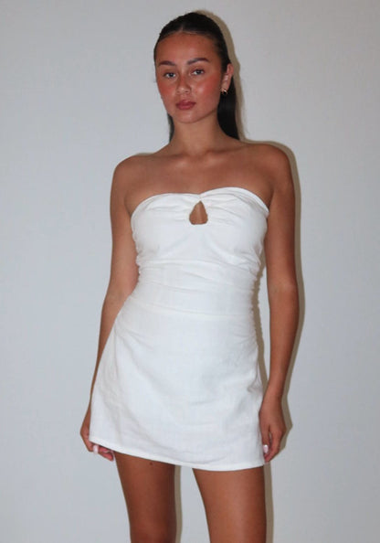Key Hole Linen Mini Dress White