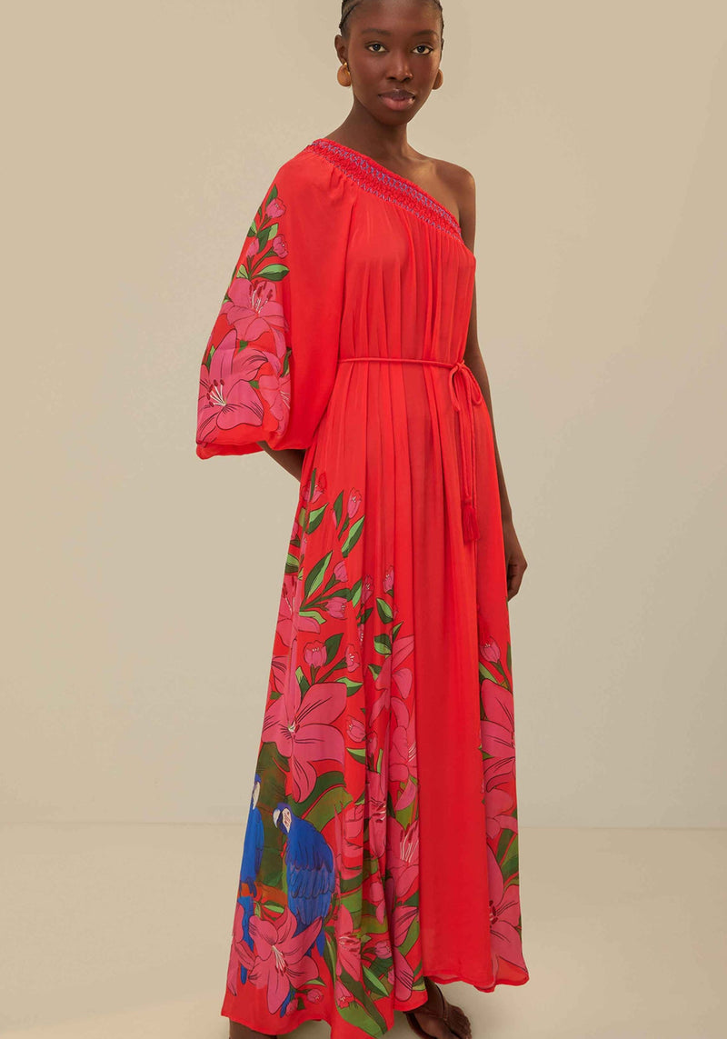 SUMMER FOLIAGE SCARF RED MAXI DRESS