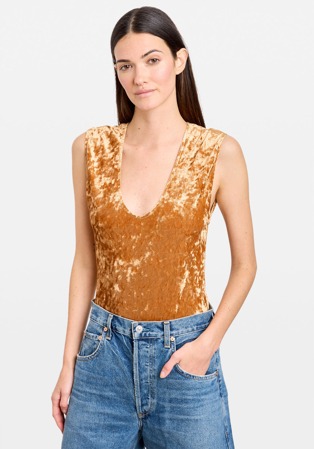 IRIDESCENT STRETCH VELVET SLEEVELESS BODY CARAMEL