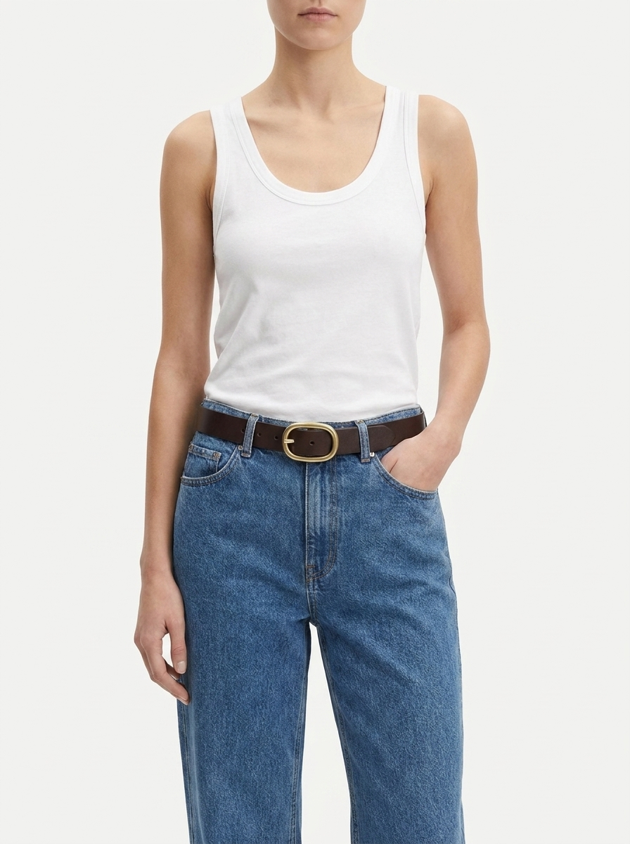 Chosen By Tuchuzy Uniform Belt Choc/Gold styled with the Jersey Scoop Tank and Samsoe Samsoe jeans
