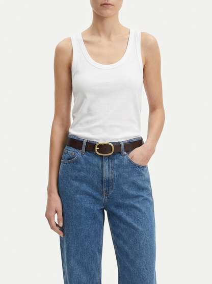 Chosen By Tuchuzy Uniform Belt Choc/Gold styled with the Jersey Scoop Tank and Samsoe Samsoe jeans