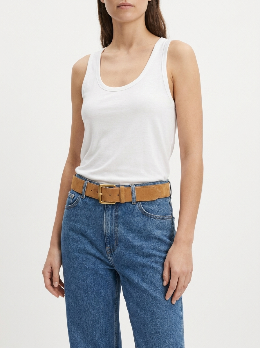 Chosen By Tuchuzy Suede Belt Tan/Gold styled with the Jersey Scoop Tank and Samsoe Samsoe jeans