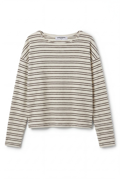 Perfect White Tee Loop Terry Stripe Long Sleeve Top - Natural/Chocolate Stripe