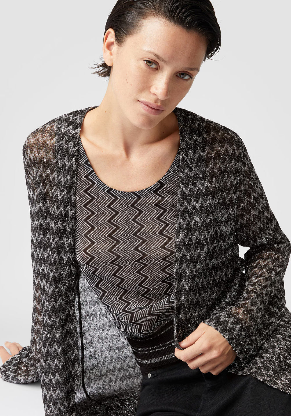 LONG TONE-ON-TONE ZIG ZAG VISCOSE-BLEND CARDIGAN