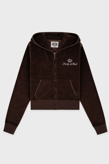 Sporty &amp; Rich Juicy Script Velour Zip Hoodie Jacket Chocolate