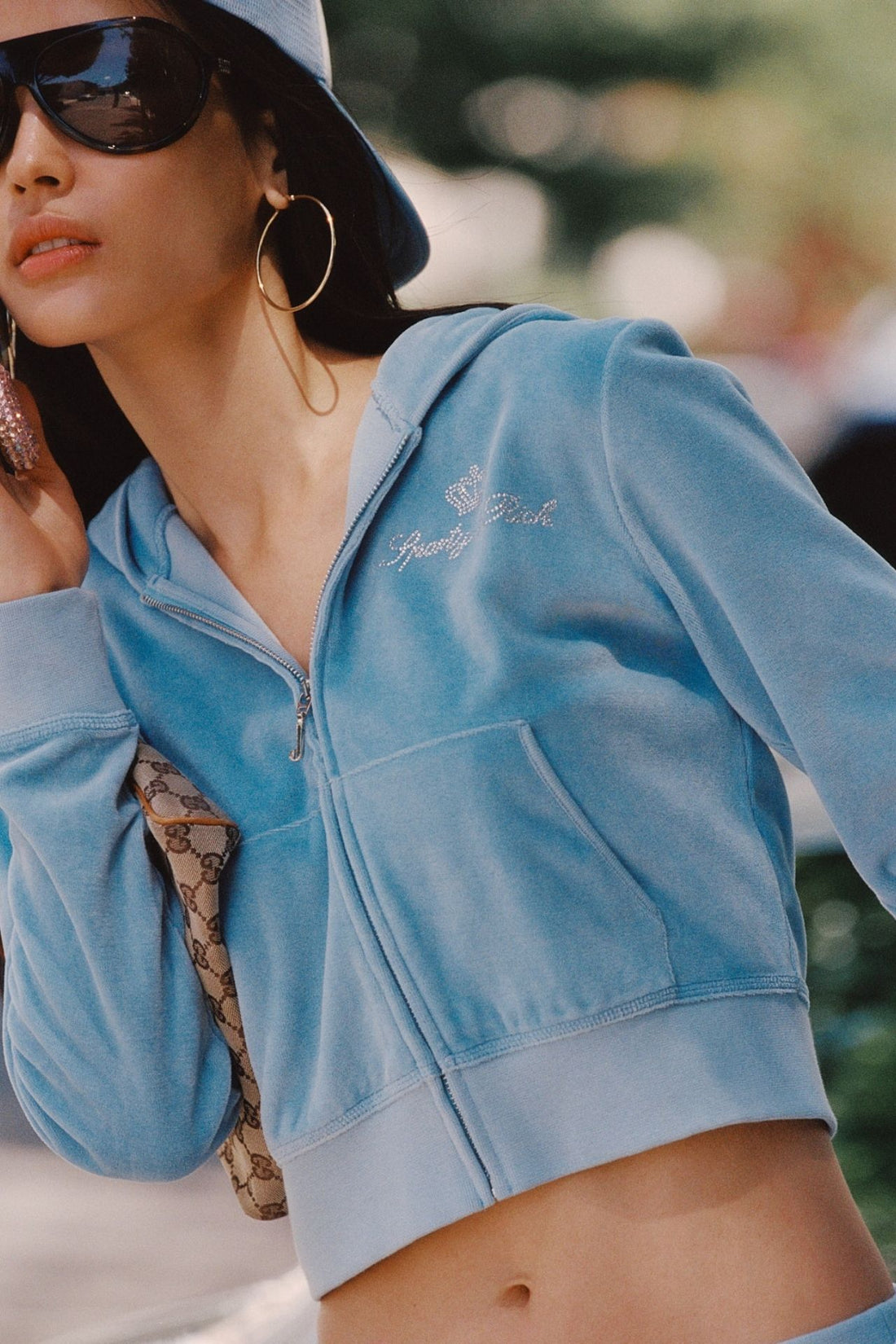 Sporty &amp; Rich Juicy Script Velour Zip Hoodie Jacket  Sky Blue