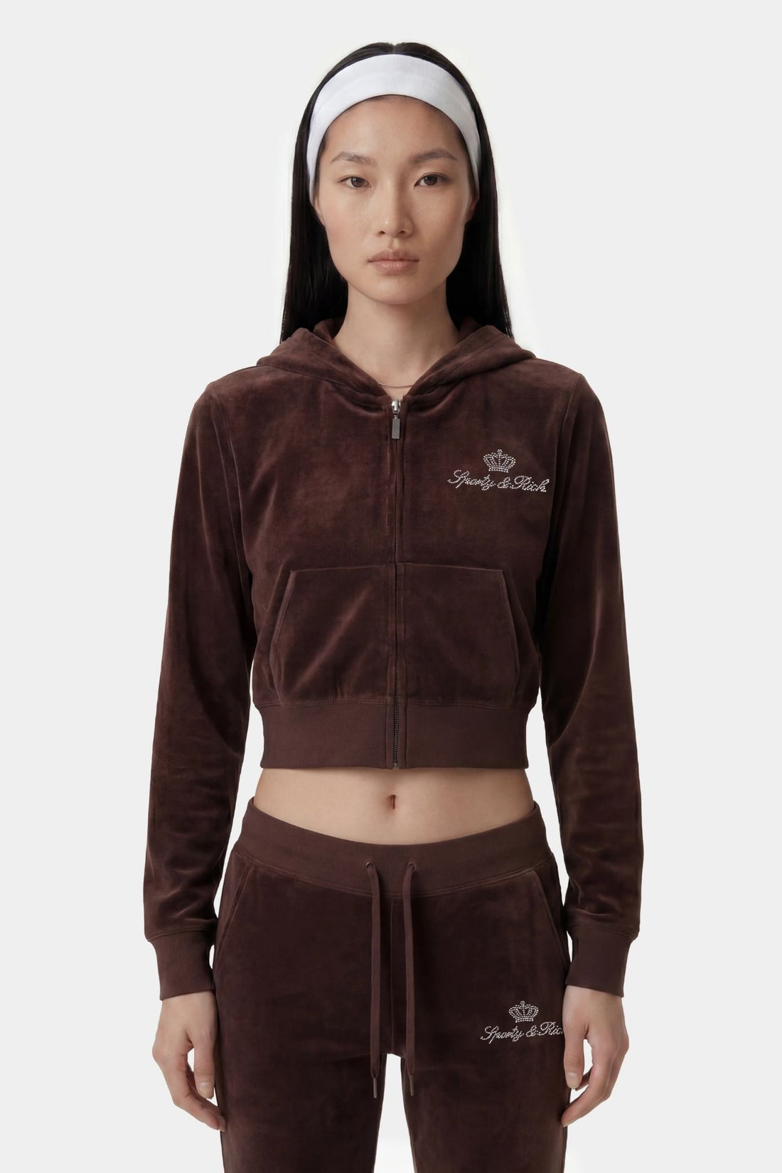 Sporty &amp; Rich Juicy Script Velour Zip Hoodie Jacket Chocolate