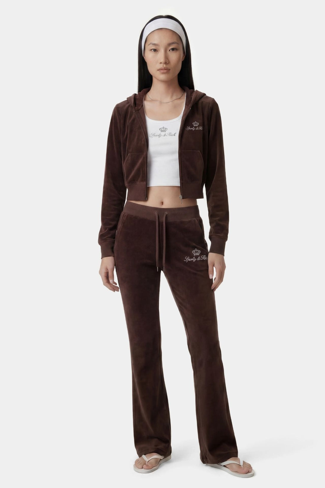 Sporty &amp; Rich Juicy Script Velour Sweatpant Chocolate