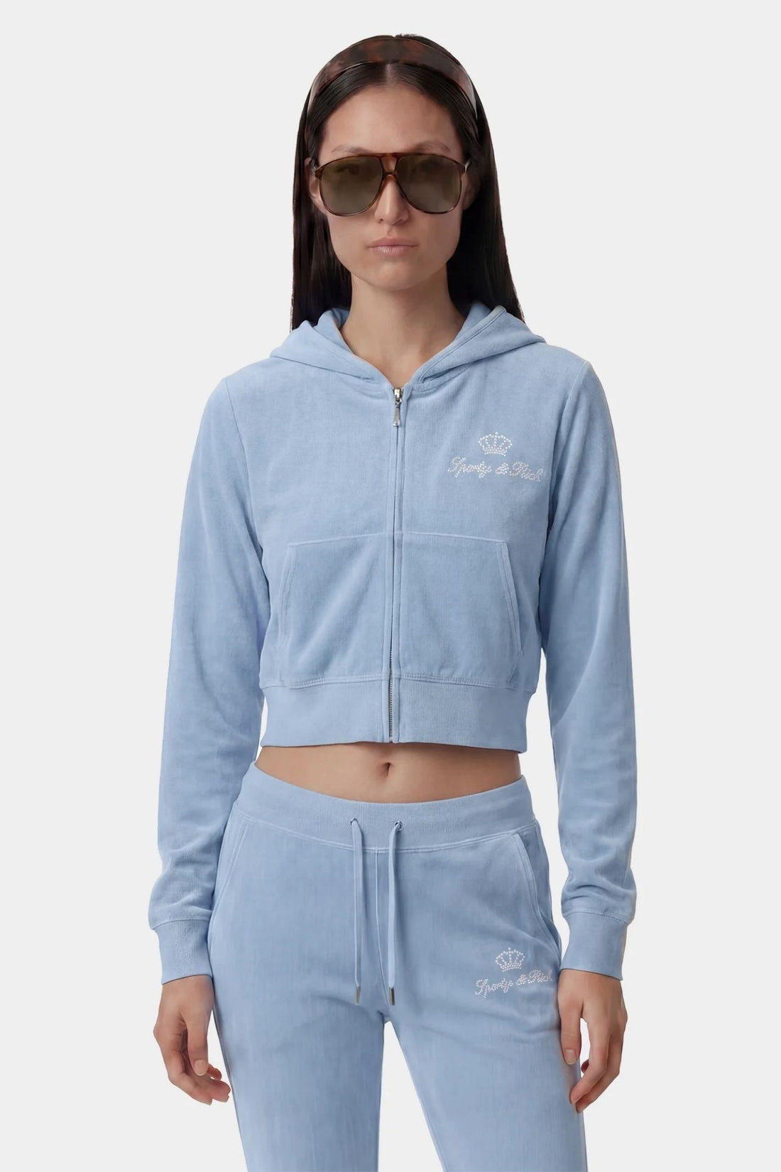 Sporty &amp; Rich Juicy Script Velour Zip Hoodie Jacket  Sky Blue