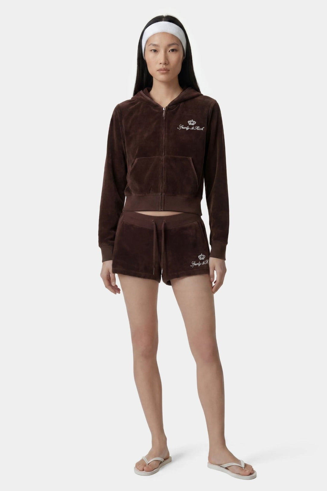 Sporty &amp; Rich Juicy Script Velour Short Chocolate