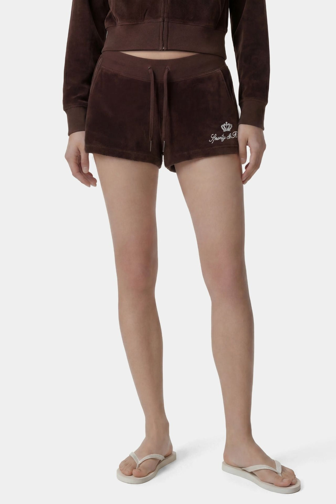 Sporty &amp; Rich Juicy Script Velour Short Chocolate