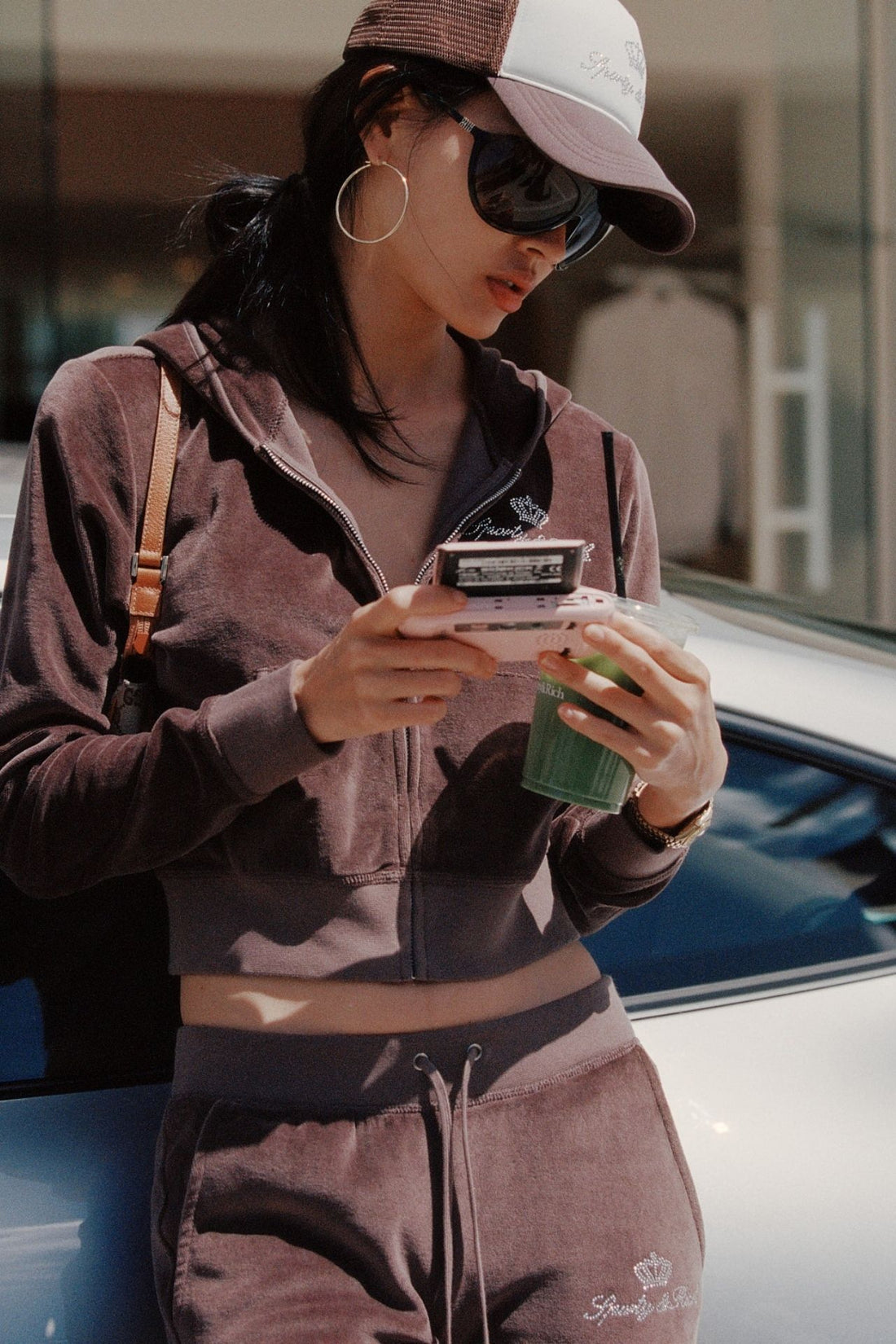 Sporty &amp; Rich Juicy Script Velour Zip Hoodie Jacket Chocolate