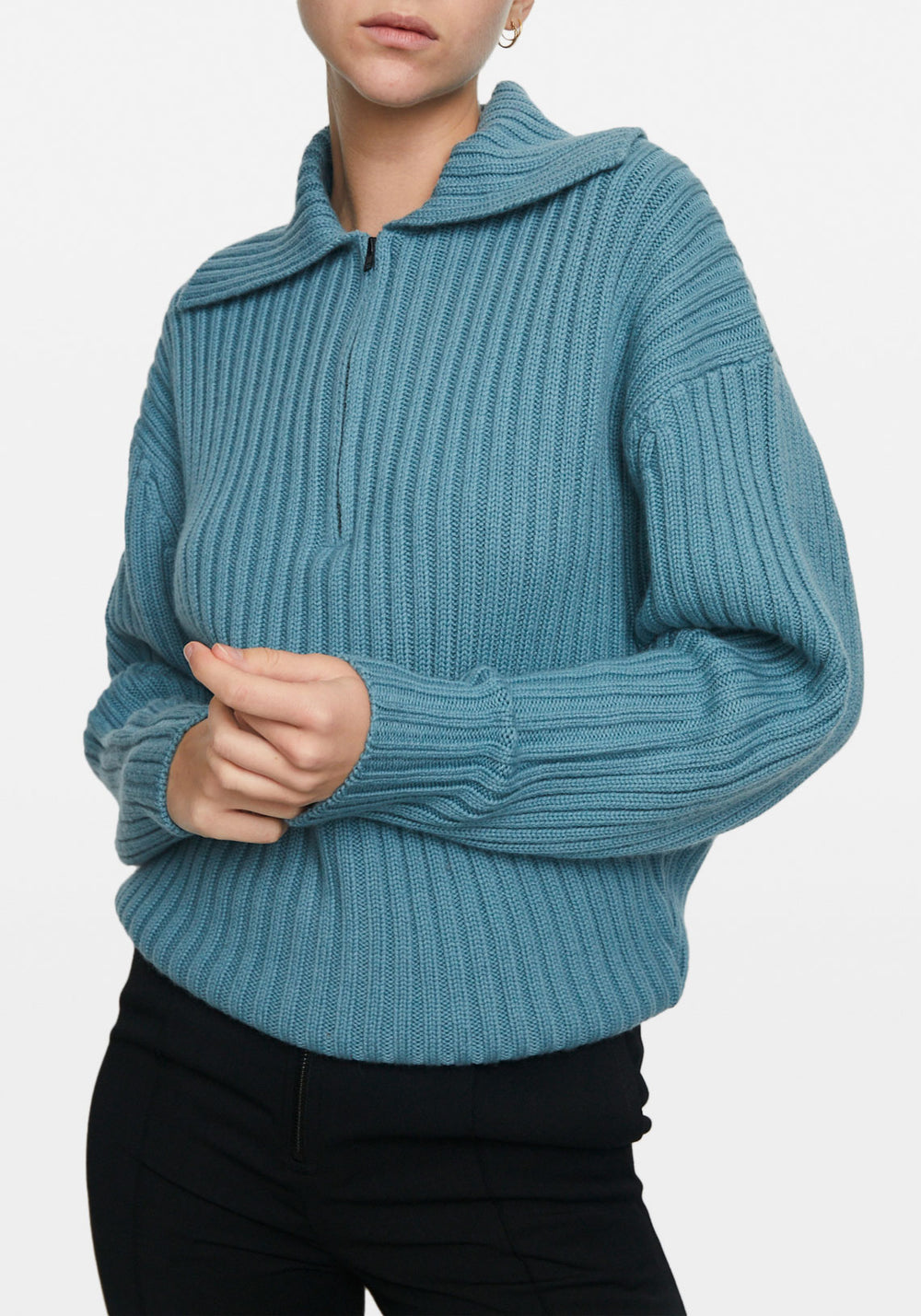 CHUNKY RIBBED POLO KNIT TEAL BLUE