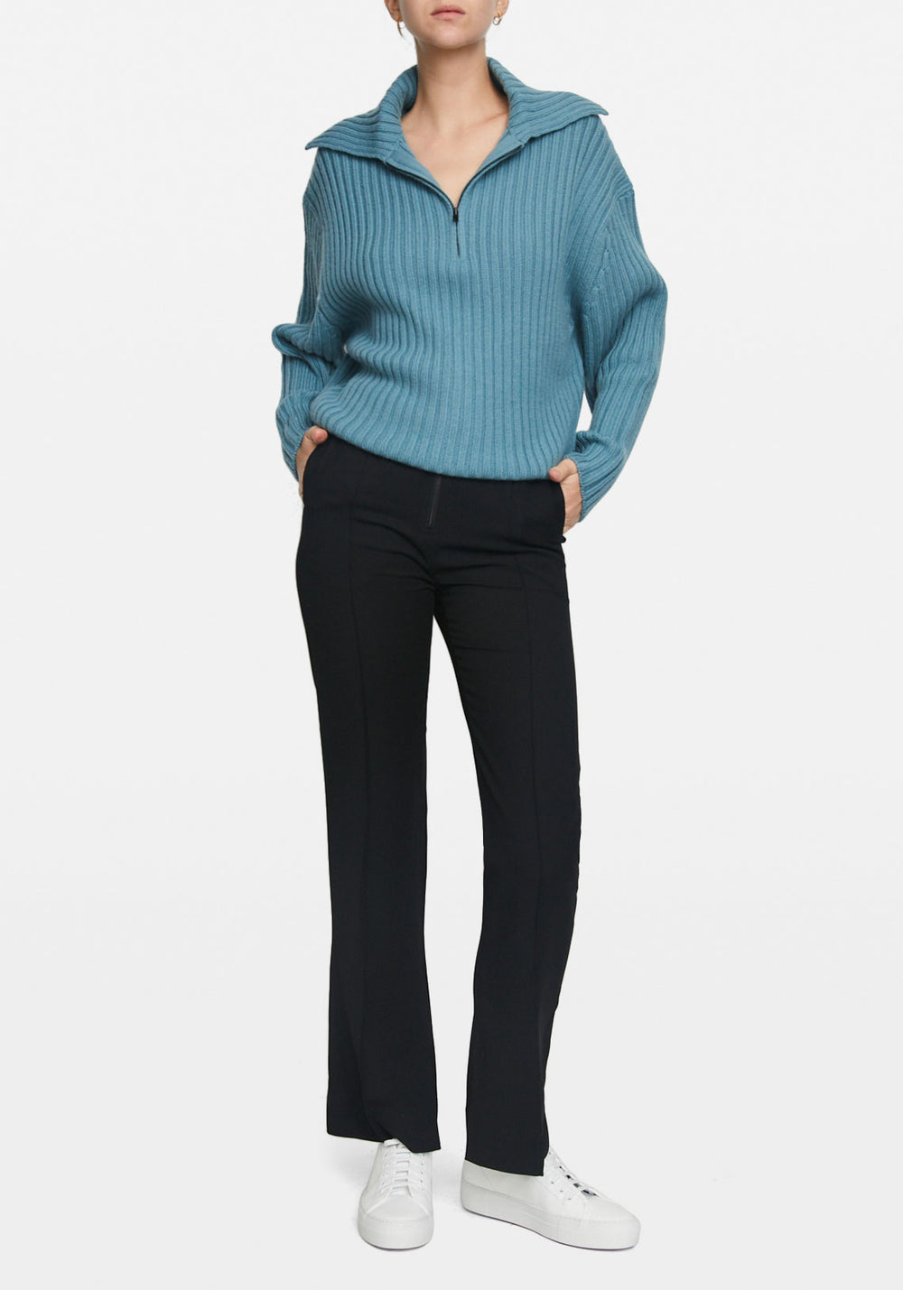 CHUNKY RIBBED POLO KNIT TEAL BLUE